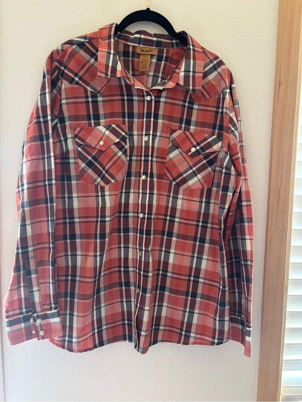 Wrangler Coral and Navy Plaid Snap-Front Shirt